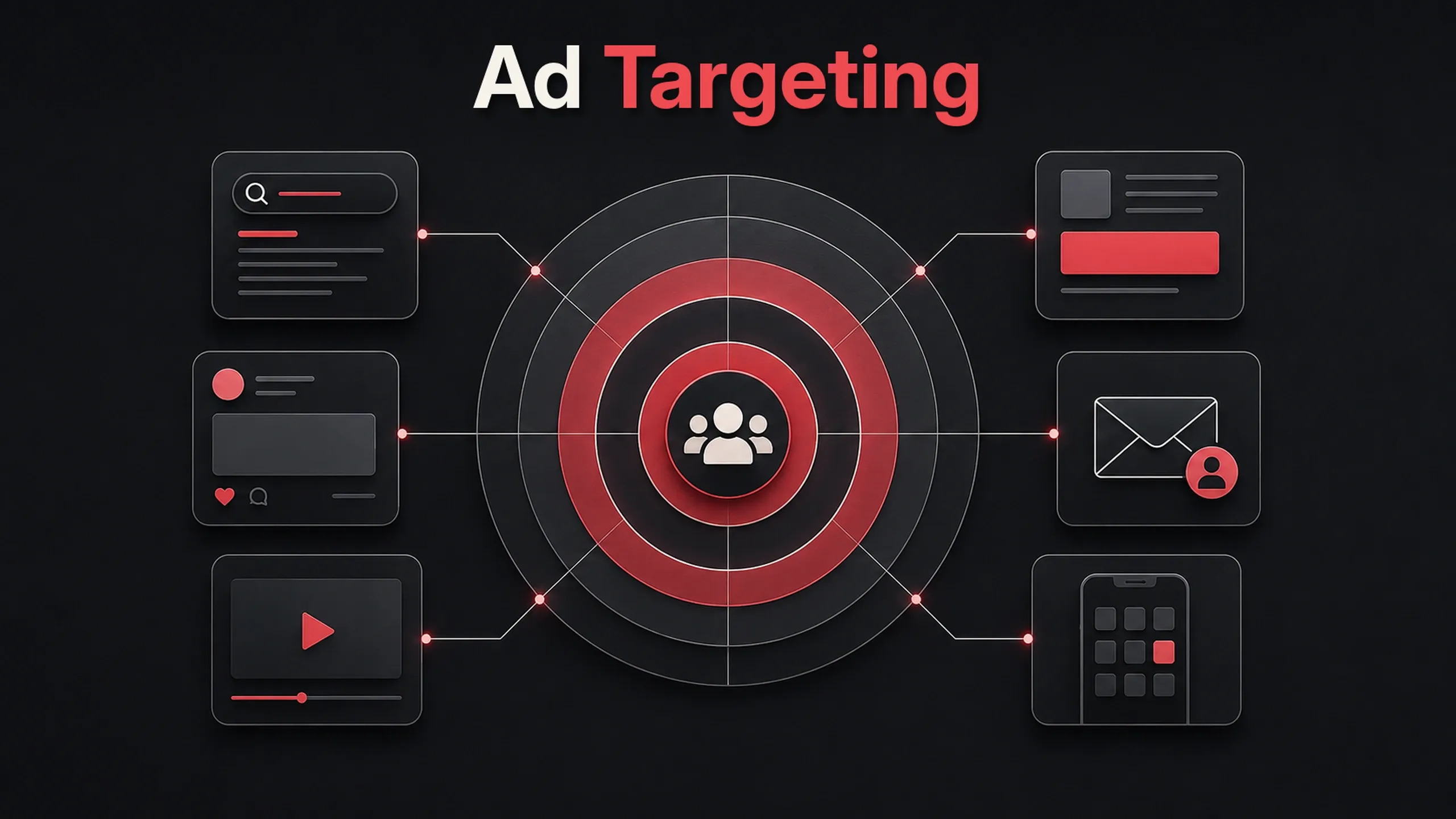 A dark editorial illustration titled “Ad Targeting” featuring a red bullseye-style target in the center with an audience icon at its core. Surrounding the target are connected advertising surfaces representing search ads, social media feeds, display placements, email marketing, and mobile app targeting, visualizing multi-channel audience targeting across digital advertising platforms.