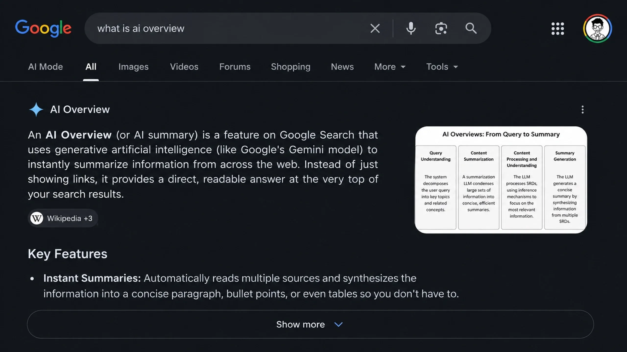 Google Search results page displaying an AI Overview for the query “what is ai overview,” showing a generated summary, key features, and an AI-powered explanation panel.