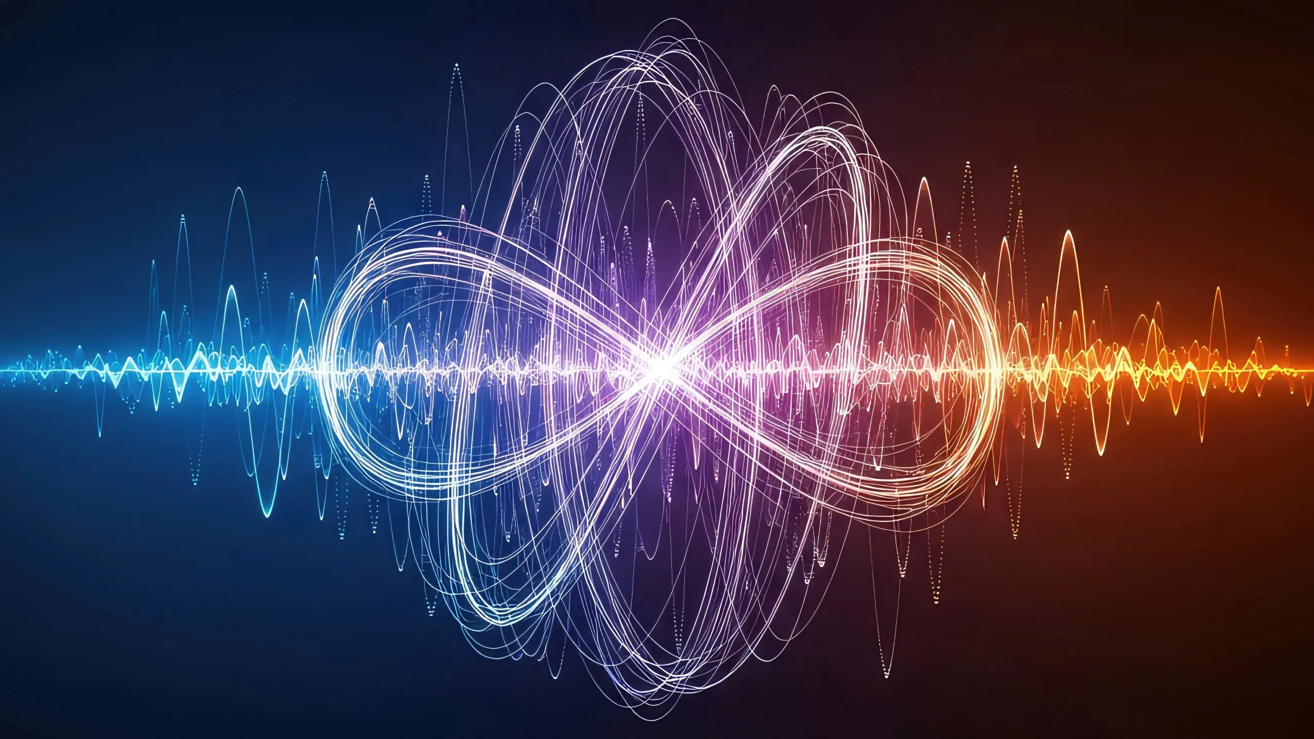 Abstract attribution visualization featuring intersecting infinity-shaped signal paths and waveform patterns flowing across a horizontal axis. Blue, purple, and orange data streams converge at a central point, symbolizing the interaction of multiple marketing touchpoints, customer journeys, and attribution models used to assign conversion credit across channels.