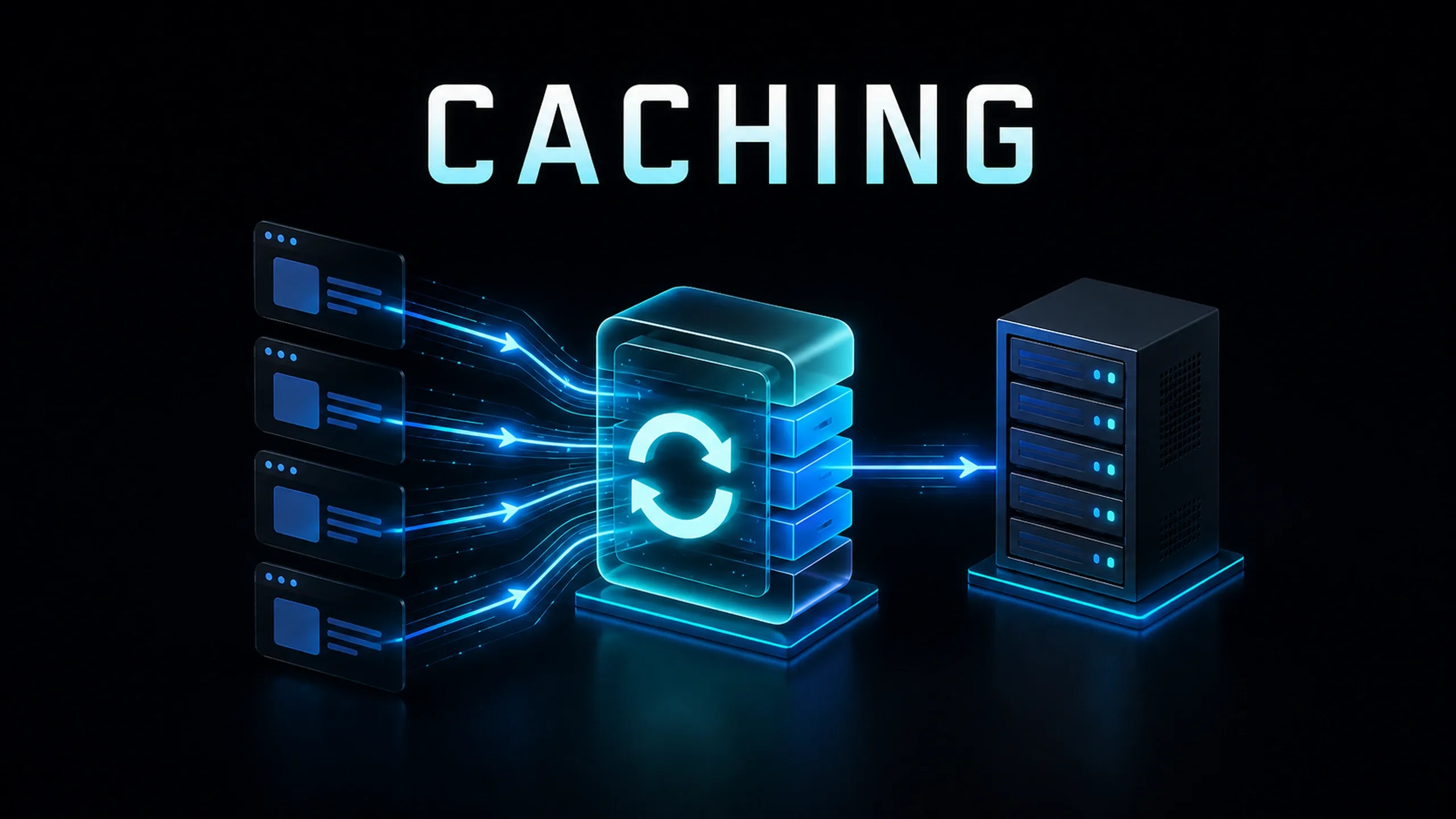 Illustration of a caching system where multiple content requests are routed through a cache layer before reaching the origin server, demonstrating how cached data reduces repeated server processing and improves content delivery speed.