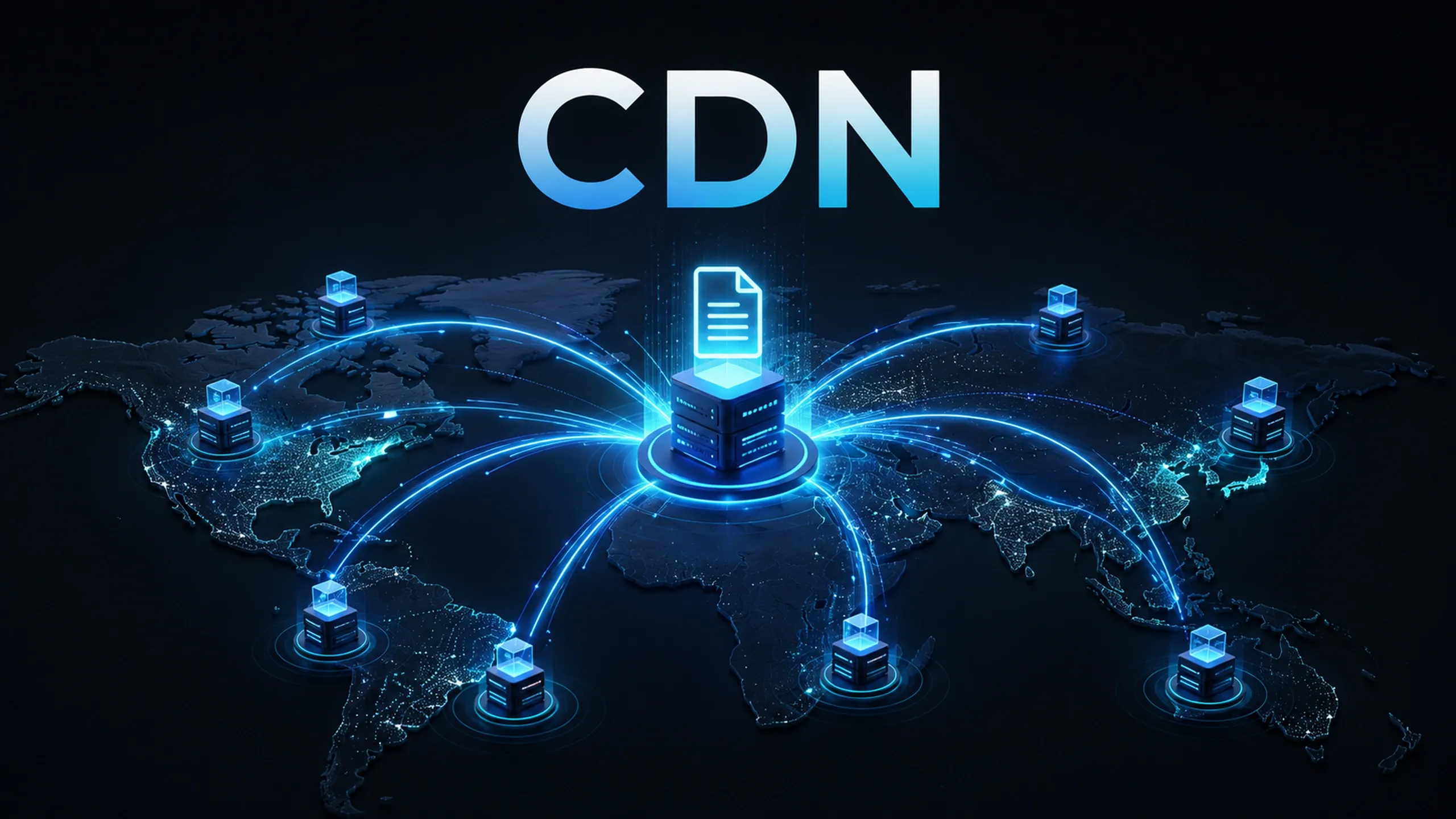 Illustration of a content delivery network (CDN) distributing website content from a central origin server to multiple edge servers located around the world, enabling faster content delivery to users across different geographic regions.