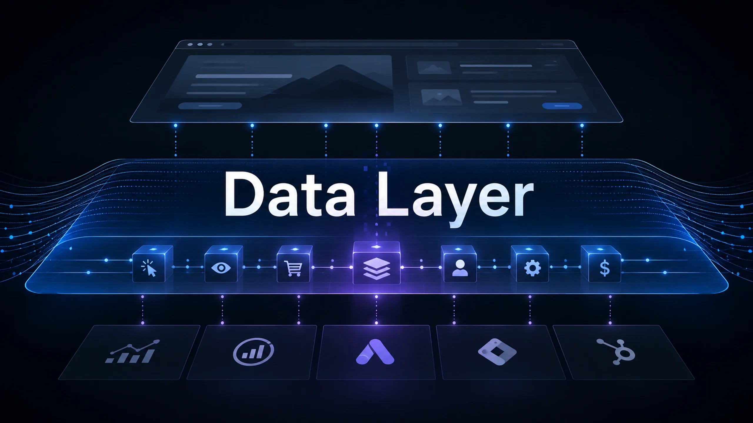 Illustration of a structured data layer positioned between a website interface and marketing platforms, showing user interactions, events, analytics signals, and tracking systems flowing through a centralized measurement layer.