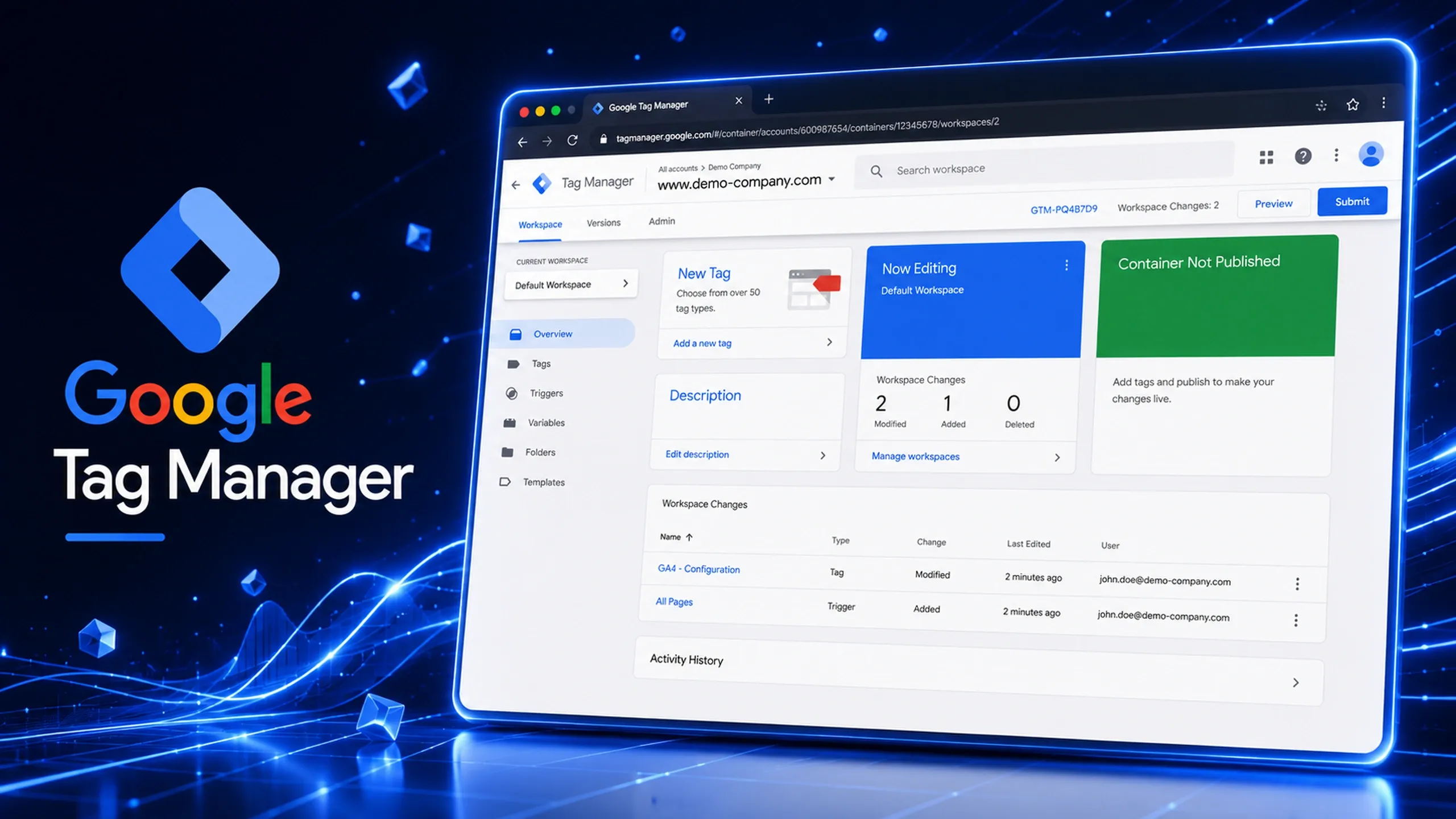 Google Tag Manager workspace dashboard displayed in a modern browser interface, showing tags, triggers, variables, workspace changes, and publishing controls, surrounded by blue data streams and tag management visual elements.