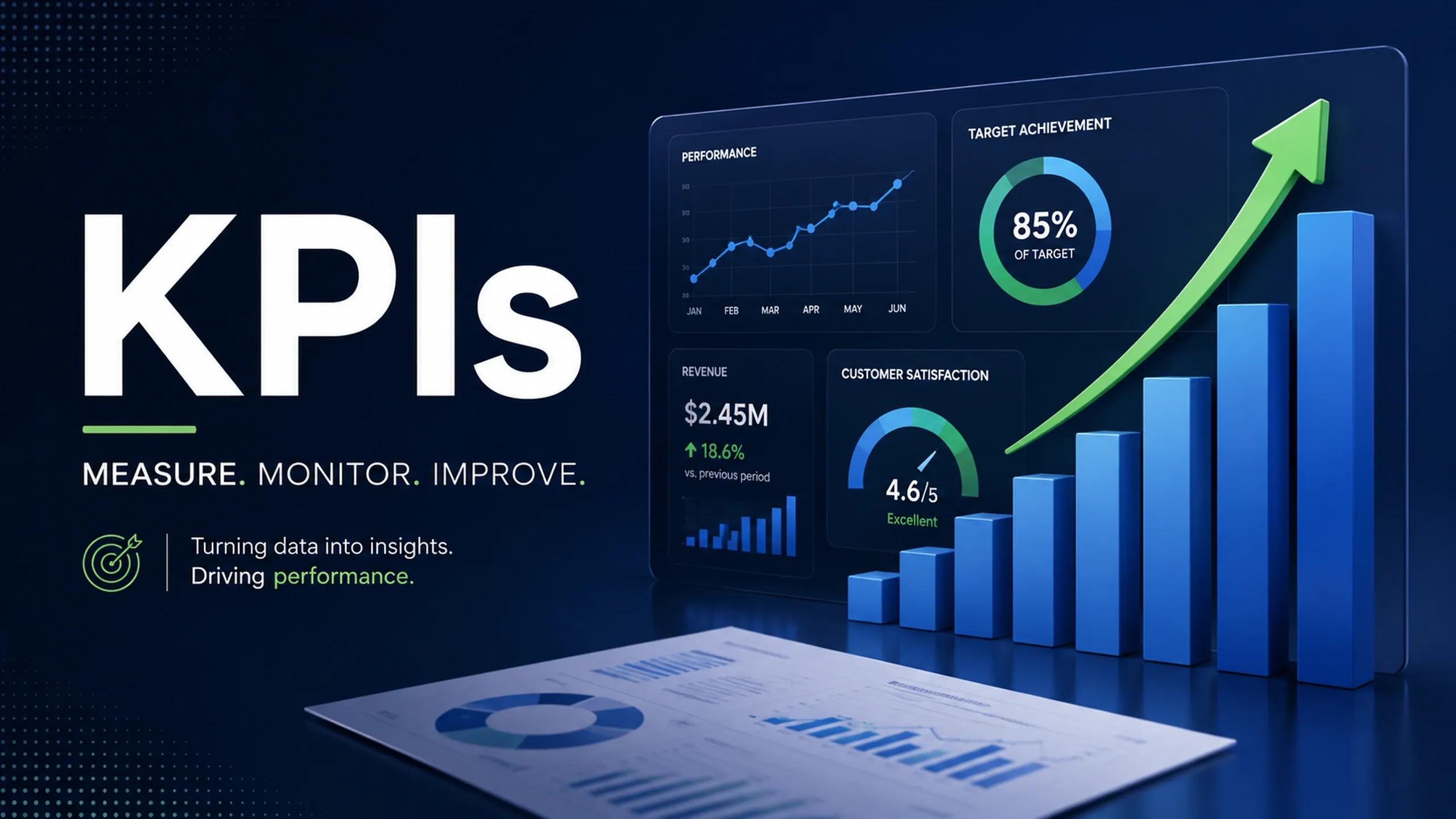 KPI dashboard visualization showing performance metrics, target achievement, revenue growth, customer satisfaction scores, and an upward trend chart representing business performance measurement and reporting.