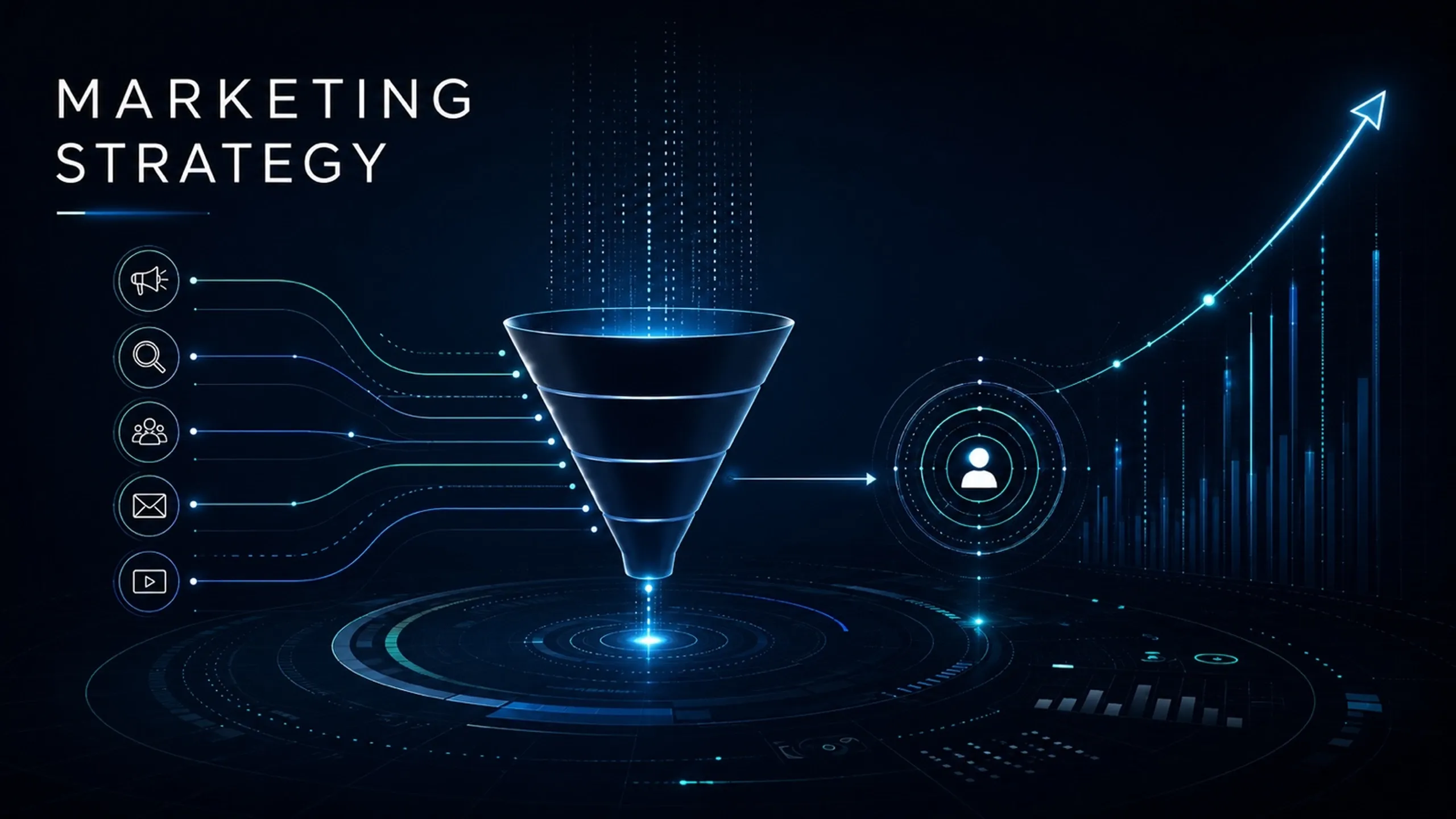 Futuristic marketing strategy illustration showing multiple marketing channels feeding into a central funnel, converting audiences into customers and measurable business growth through analytics and optimization.