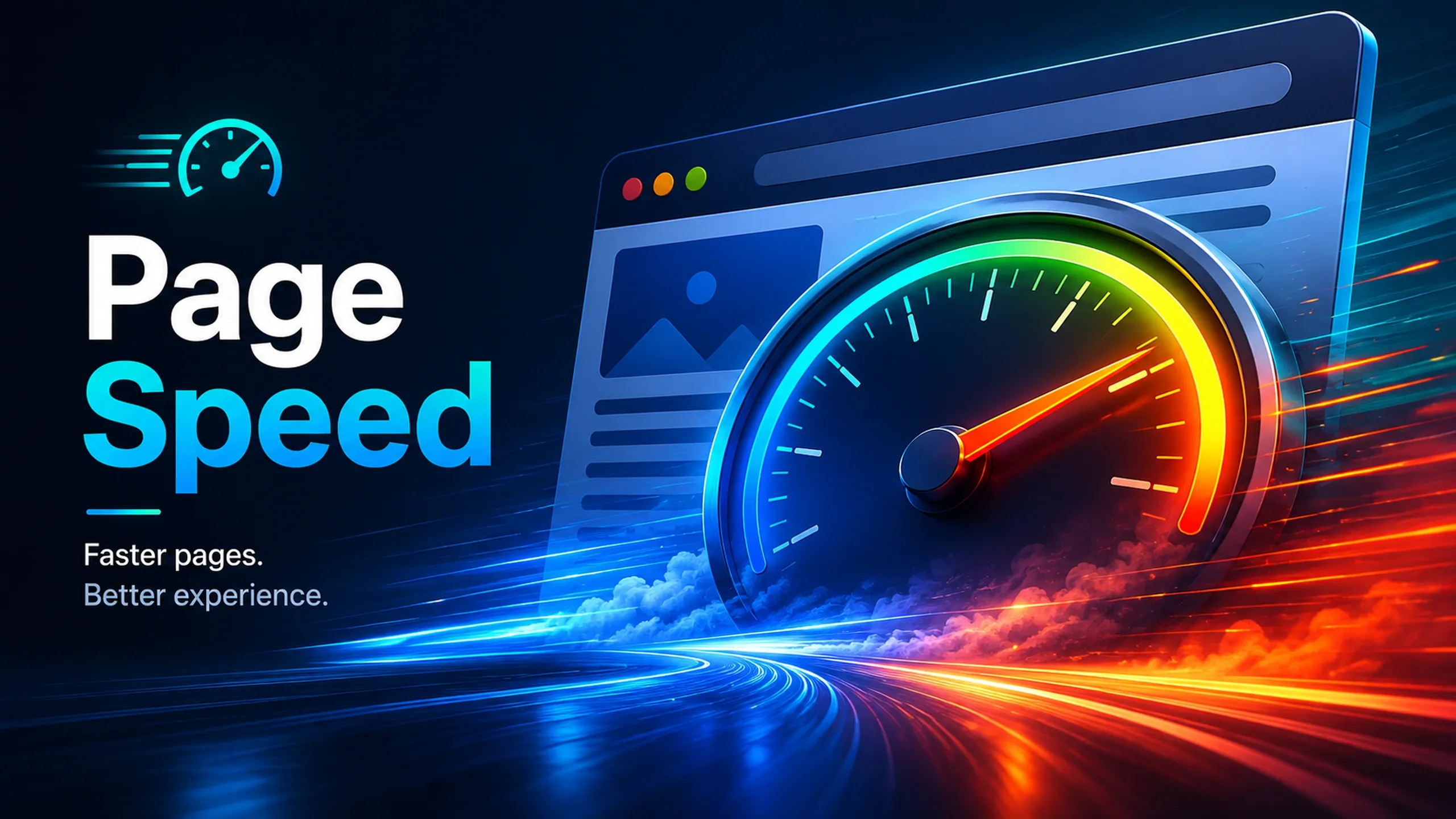 Dynamic page speed illustration featuring a large glowing speedometer integrated into a website interface, with blue and orange motion trails representing fast-loading web performance and acceleration.