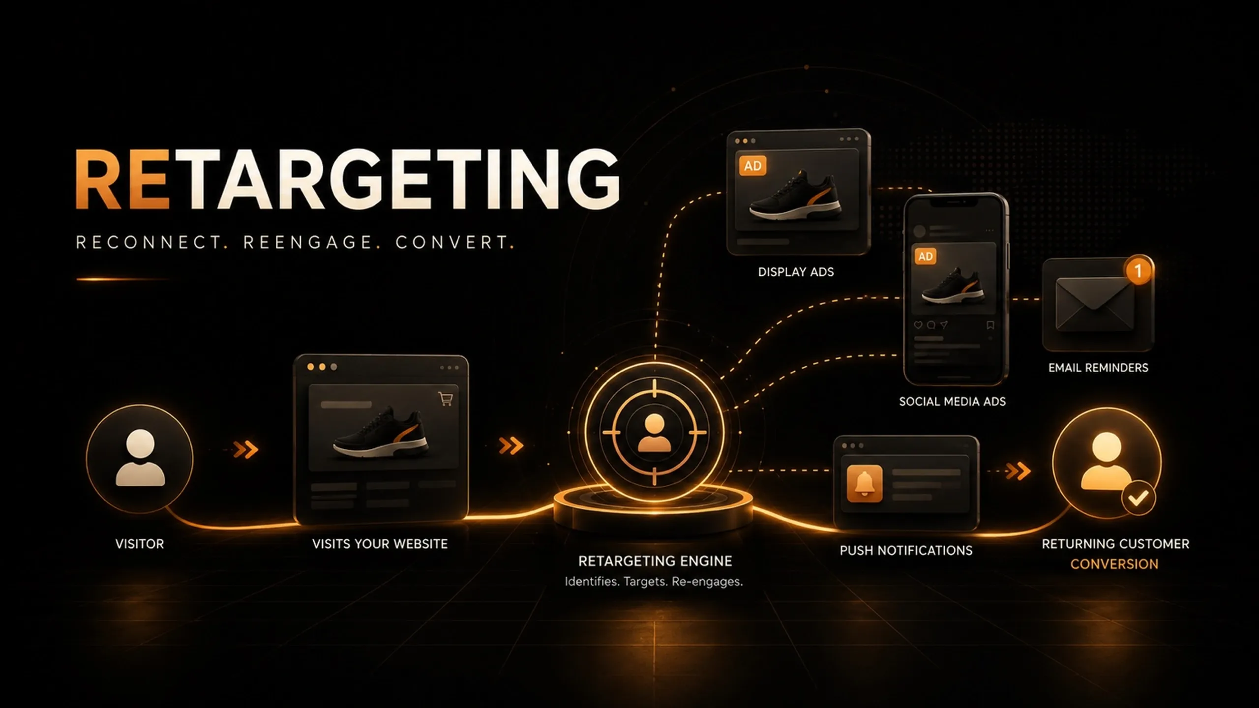 Illustration of a retargeting workflow showing a website visitor being re-engaged through display ads, social media ads, email reminders, and push notifications before returning and converting.