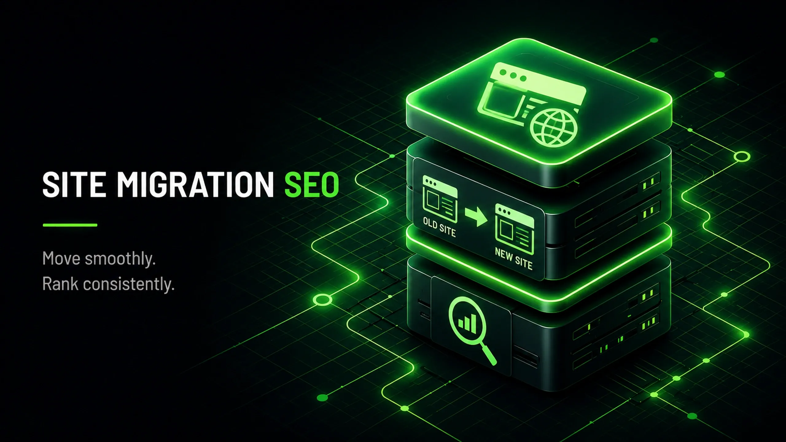 Illustration of a website migration process with old and new website structures, server infrastructure, and SEO monitoring elements connected through a migration workflow, representing a search-friendly site transition.