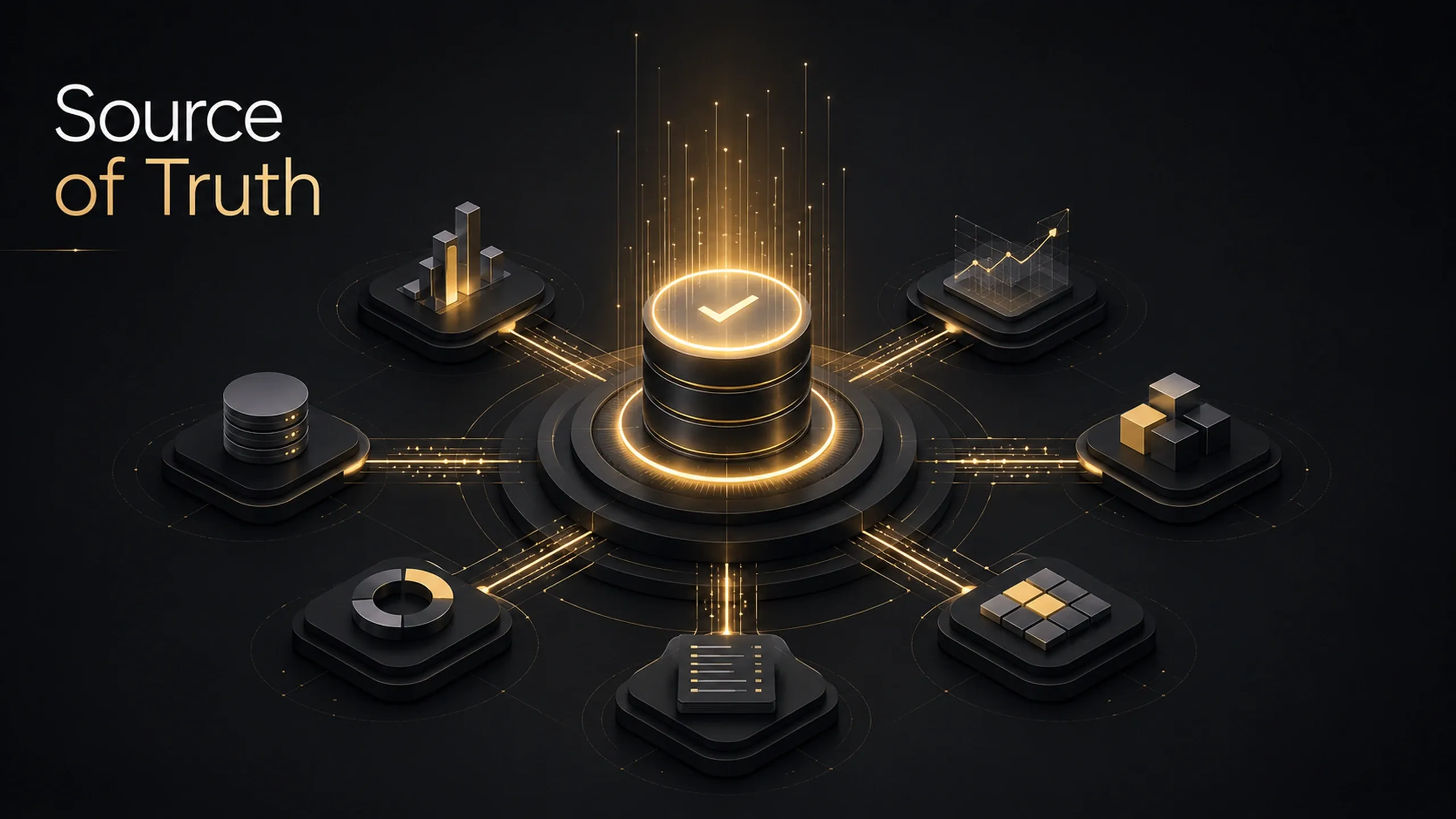 Illustration of a centralized source of truth system connecting analytics, reporting, databases, and operational systems through a verified core data layer.