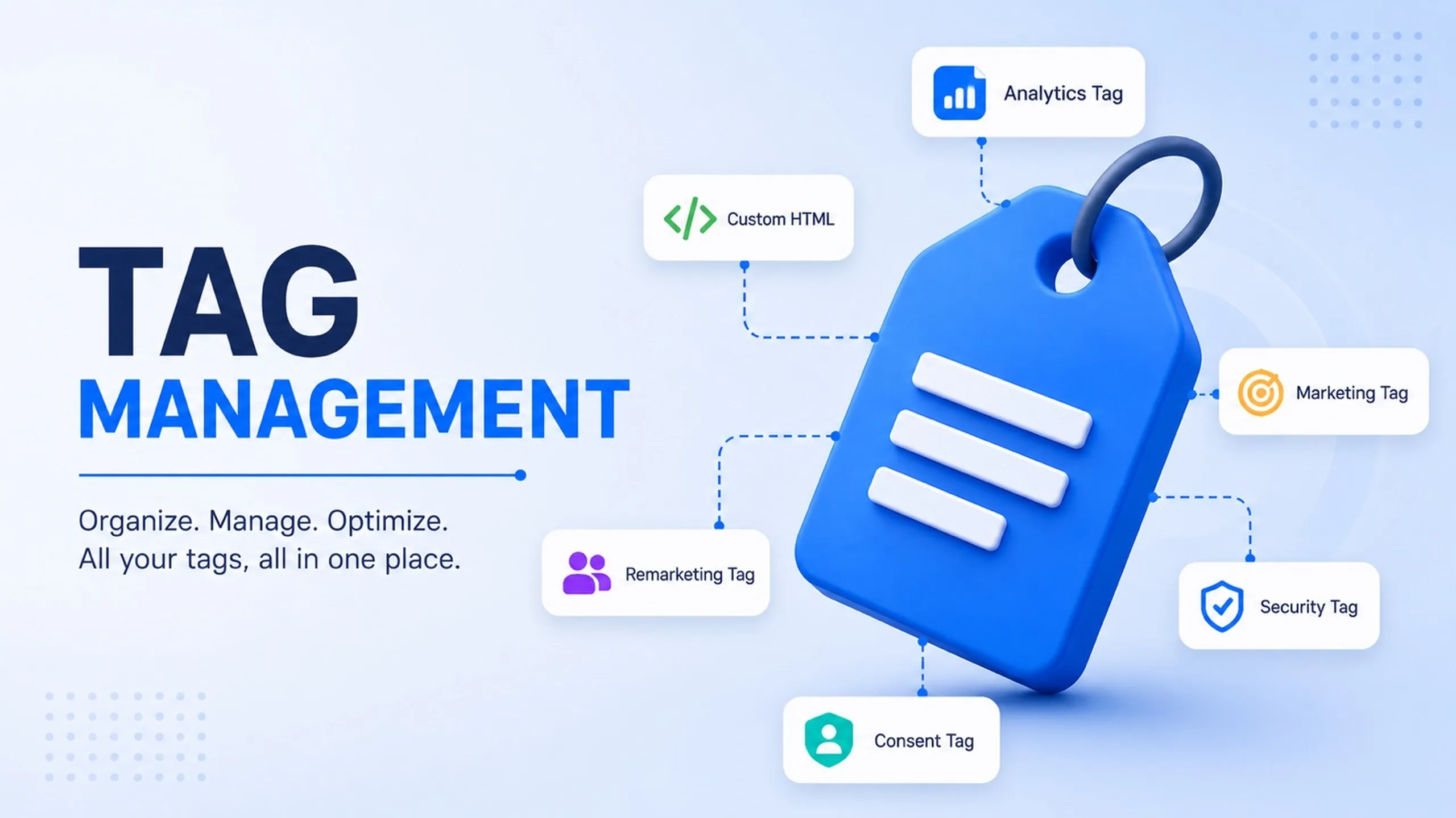 Illustration of tag management showing a central blue tag connected to multiple tracking technologies, including analytics, marketing, remarketing, consent, security, and custom HTML tags, representing centralized tag deployment and governance across a website.