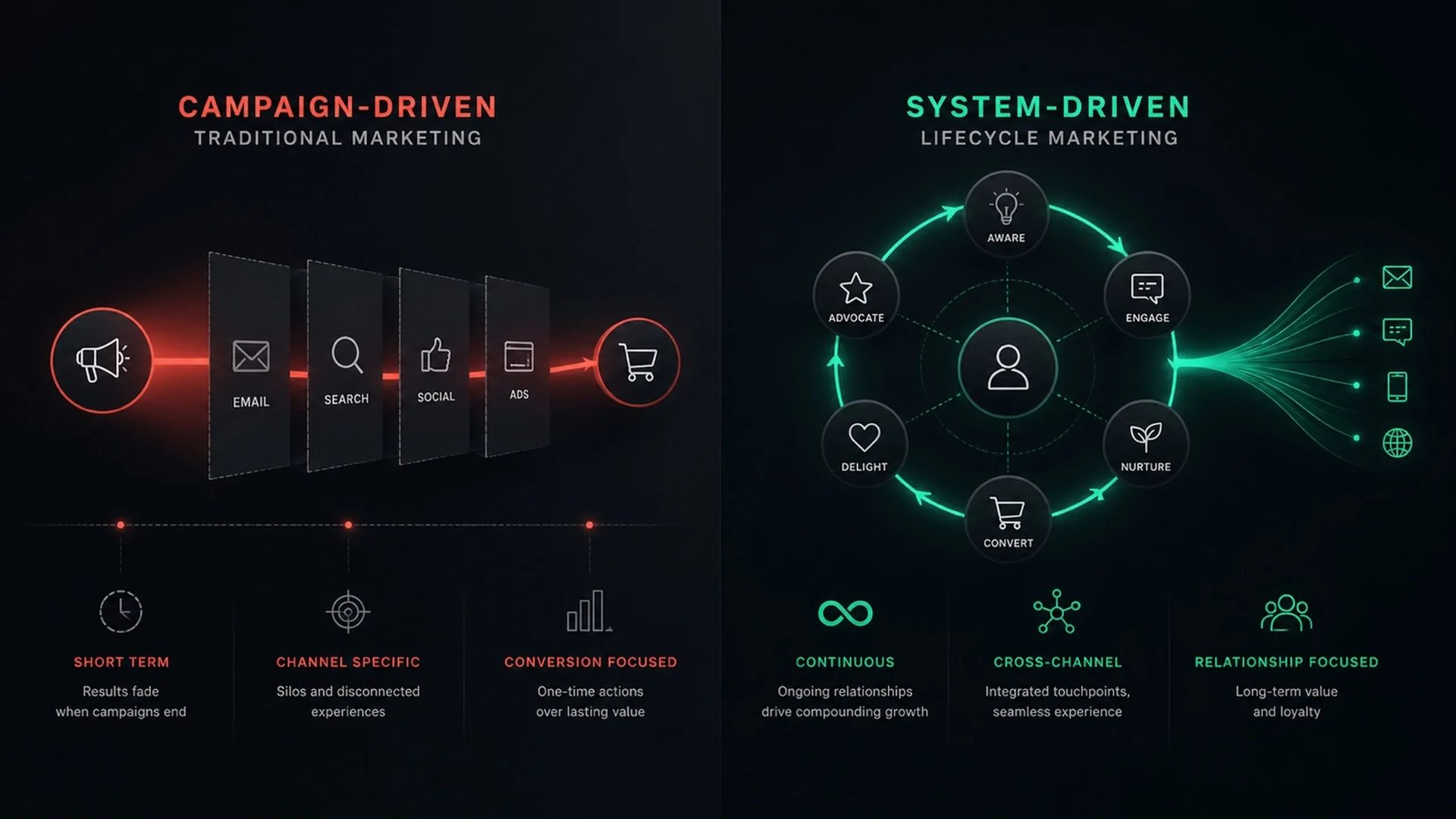 Split comparison diagram showing campaign-driven funnel on the left and system-driven lifecycle loop on the right