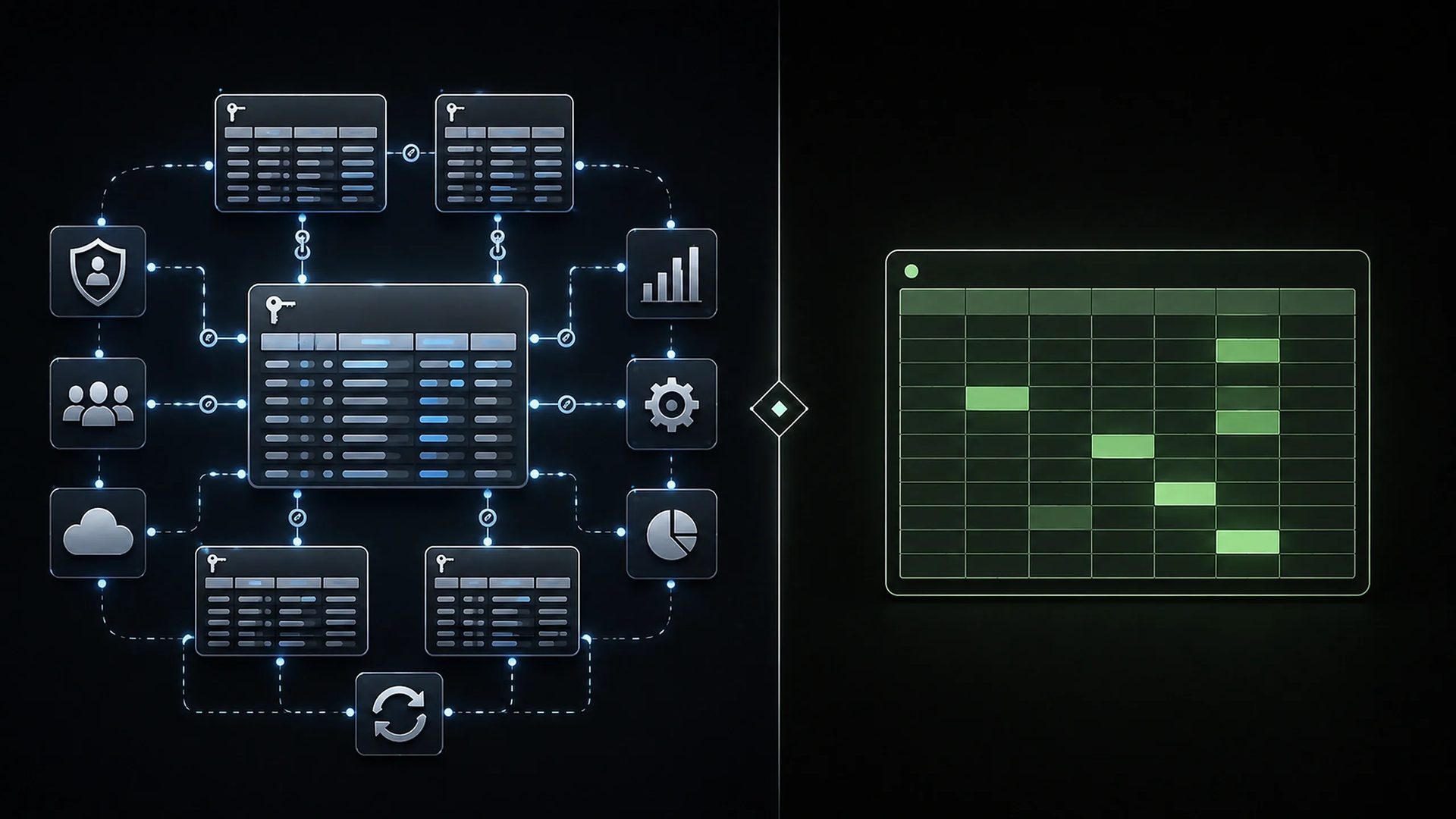 Comparison illustration showing a connected database ecosystem on the left and a simple spreadsheet grid on the right, highlighting the difference between relational systems and flat-tabular data management.