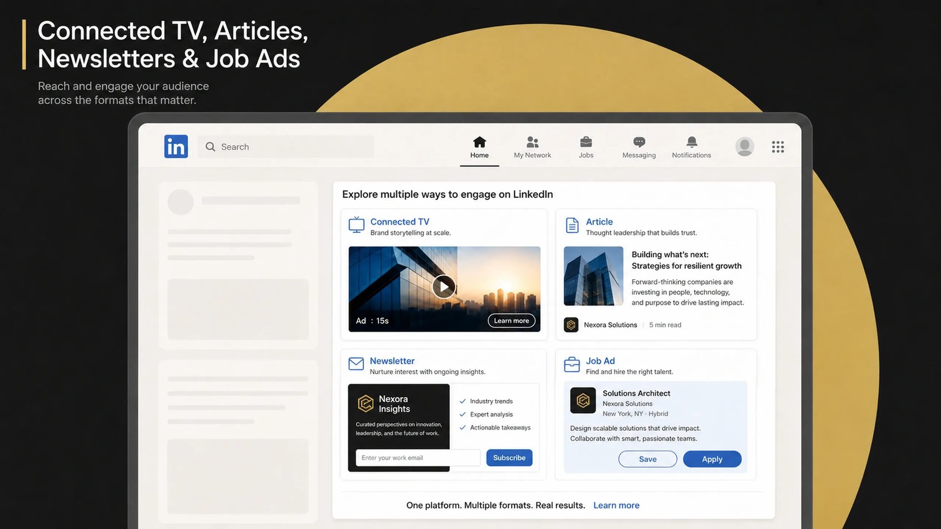 LinkedIn advertising showcase displaying Connected TV ads, promoted articles, newsletter subscriptions, and job advertisements within a unified professional marketing environment.
