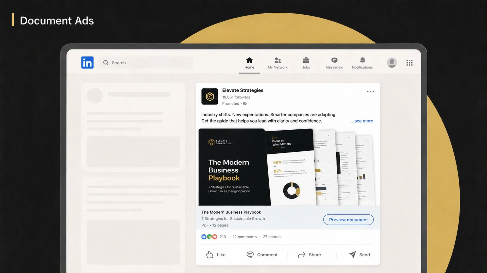 LinkedIn Document Ad promoting a downloadable business guide, showing a multi-page document preview embedded within the feed alongside a preview button.