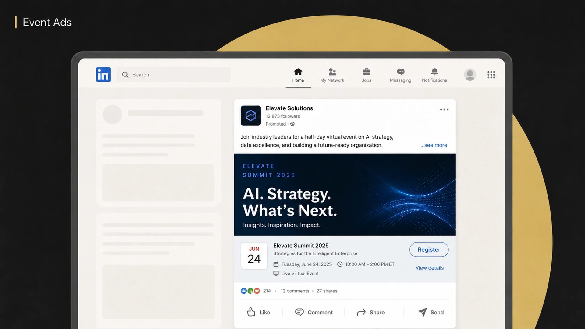 LinkedIn Event Ad promoting a virtual industry conference within the LinkedIn feed. The sponsored post features an event banner, event title, date, time, virtual attendance details, engagement metrics, and a prominent registration button designed to drive event sign-ups.