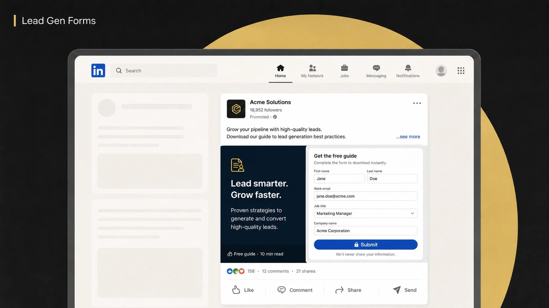 LinkedIn Lead Gen Form ad displayed in the feed, featuring a downloadable guide offer with a pre-filled lead capture form, company information fields, and a submit button.