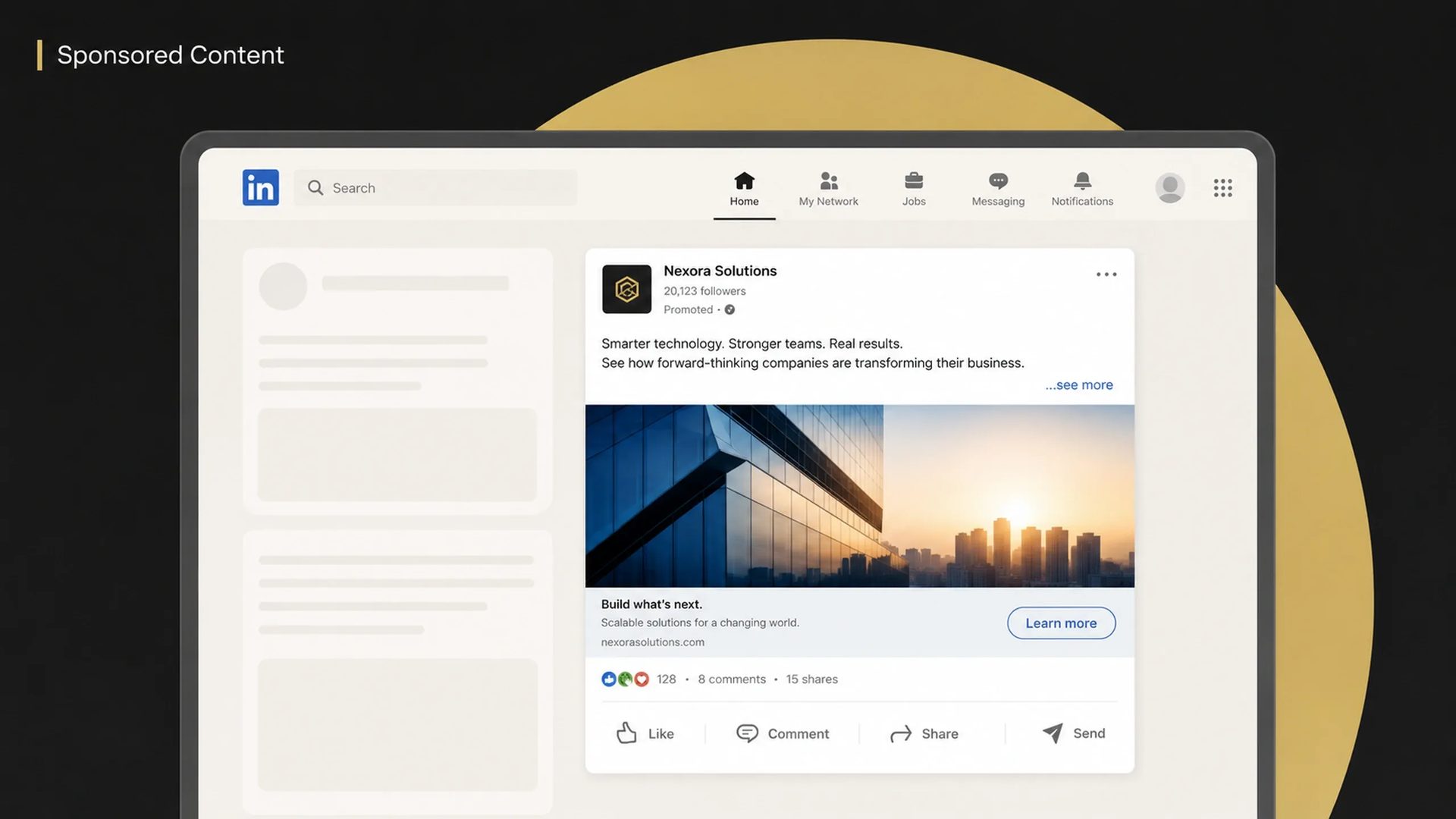LinkedIn Sponsored Content ad displayed in the main feed, featuring a promoted company post with a business image, engagement metrics, and a call-to-action button within the LinkedIn desktop interface.