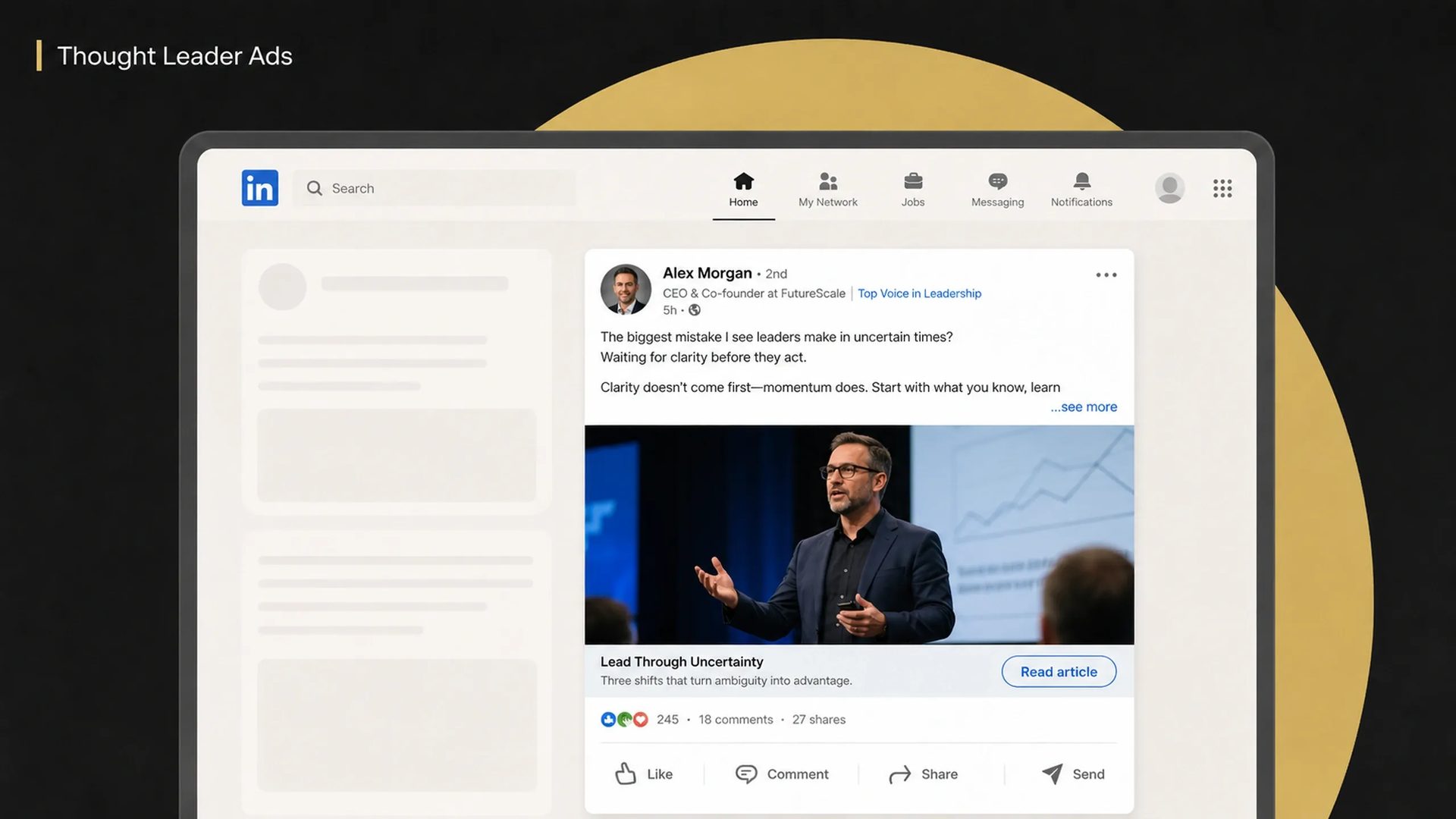 LinkedIn Thought Leader Ad featuring a promoted post from an executive profile, including professional insights, a presentation image, engagement actions, and an article call-to-action.