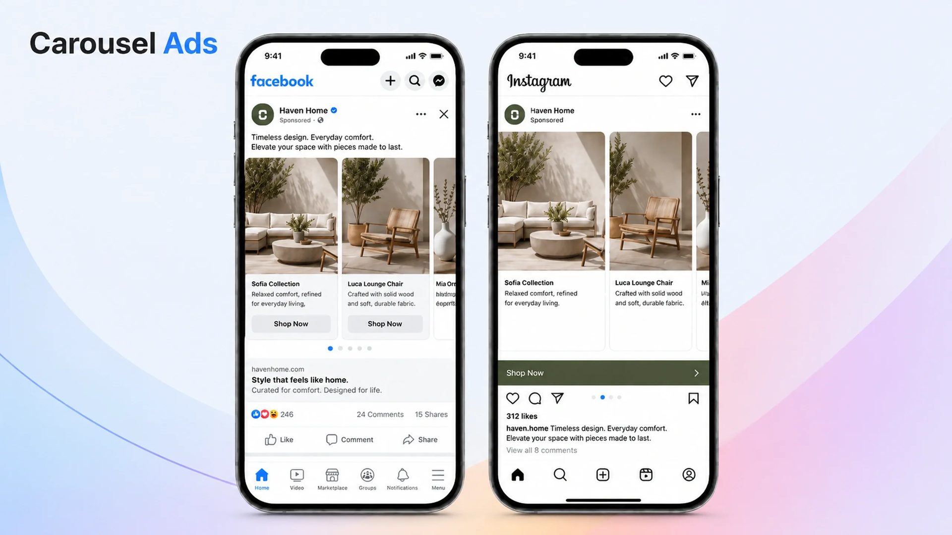 Facebook and Instagram carousel advertisements displayed on smartphones, showcasing multiple furniture products in a swipeable format with individual product cards, descriptions, and call-to-action elements.