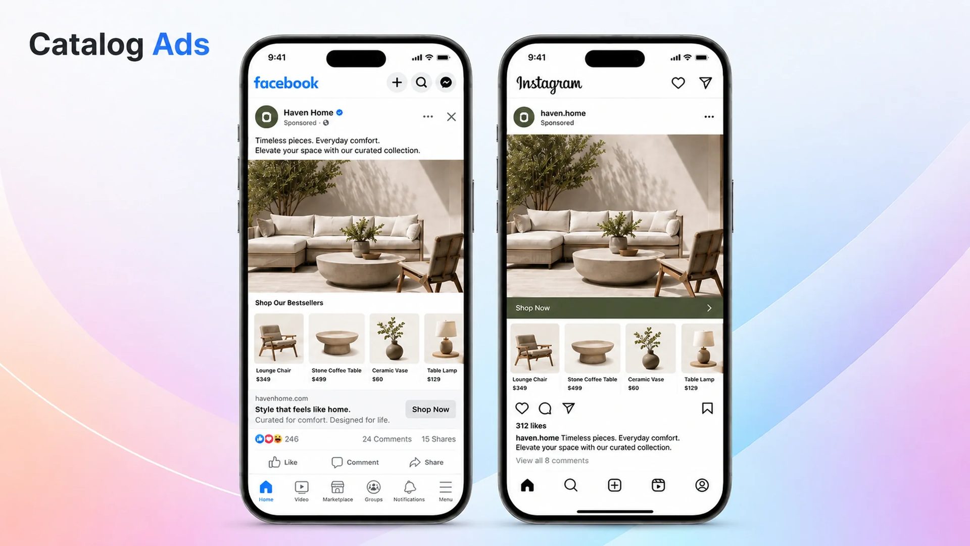 Facebook and Instagram catalog advertisements displayed on mobile devices, featuring a product catalog with multiple furniture items, pricing information, product thumbnails, and shopping-focused layouts.