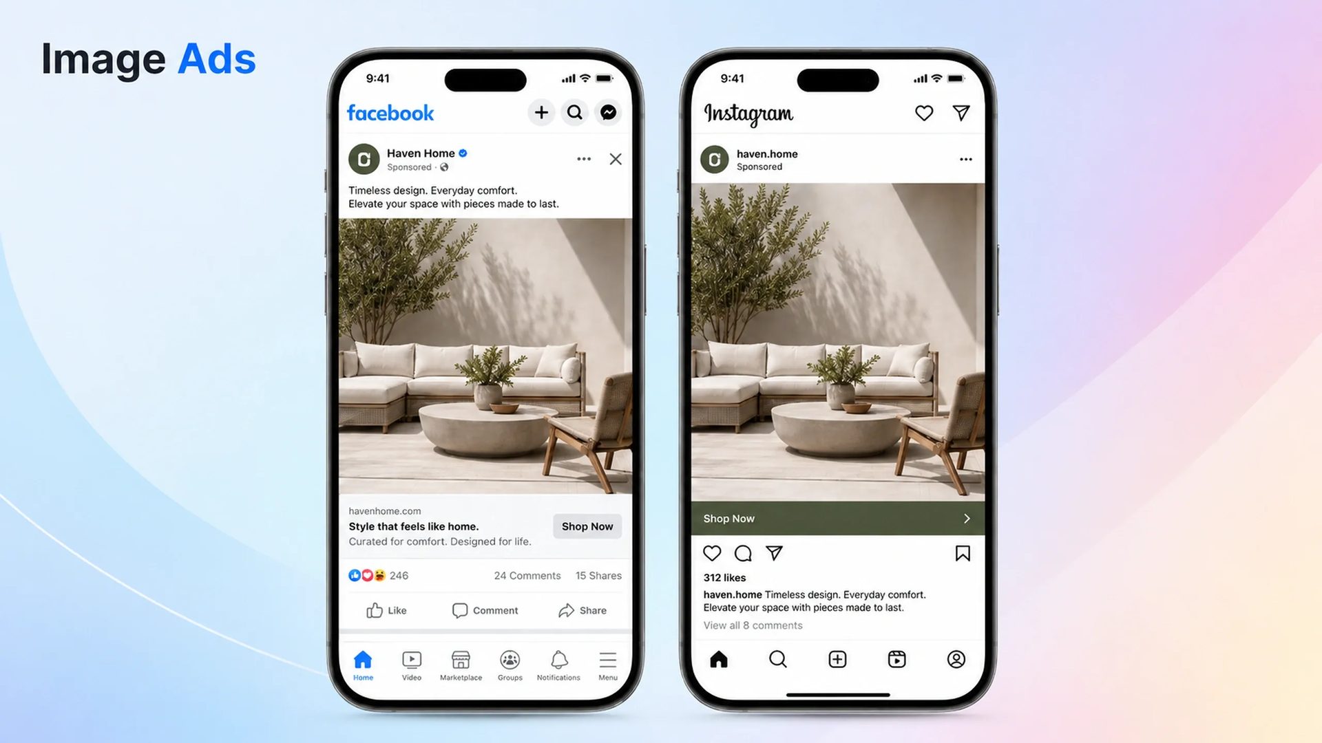 Side-by-side Facebook and Instagram image ads displayed on mobile devices, featuring a modern living room product advertisement with a single static creative, sponsored labels, engagement actions, and call-to-action buttons.
