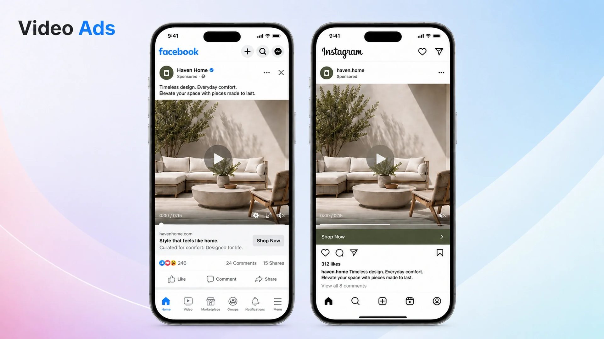 Facebook and Instagram video advertisements shown on mobile devices, featuring a home décor video creative with playback controls, sponsored labels, and shop-now call-to-action buttons.