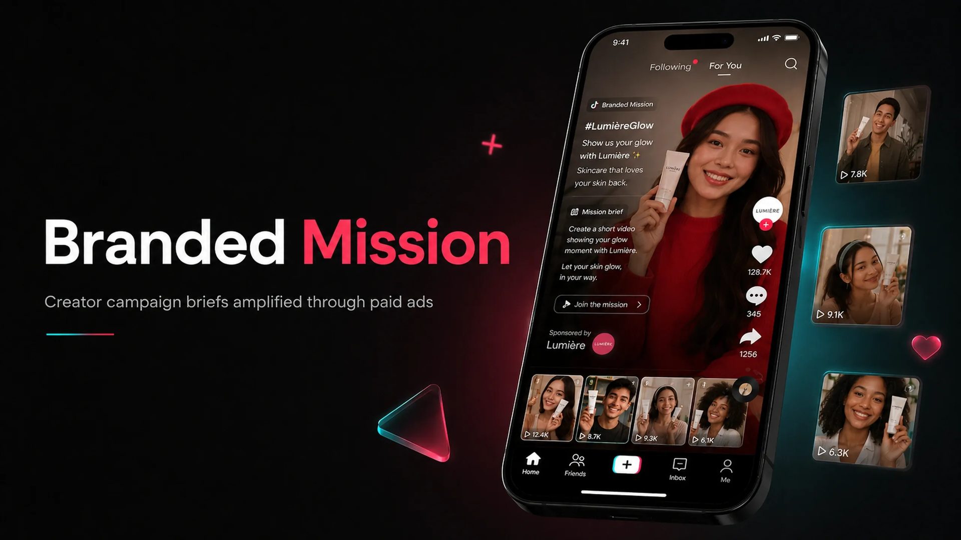 TikTok Branded Mission campaign displayed on a smartphone, showing a creator challenge encouraging users to submit branded content, alongside multiple creator-generated video submissions.