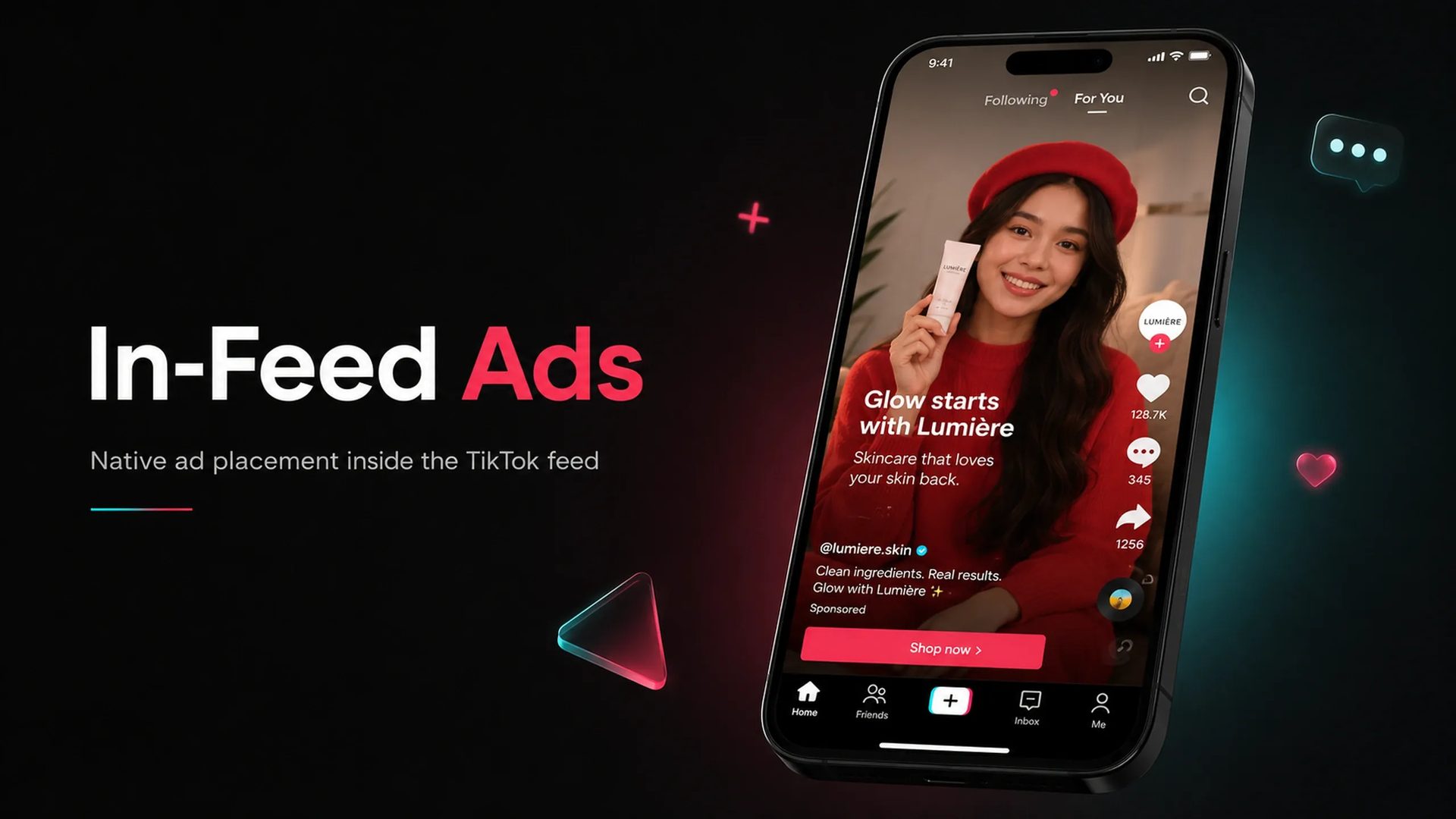 TikTok In-Feed Ad displayed on a smartphone within the For You feed, featuring a skincare creator promoting a product with native TikTok engagement controls, social interactions, and a shop-now call-to-action.