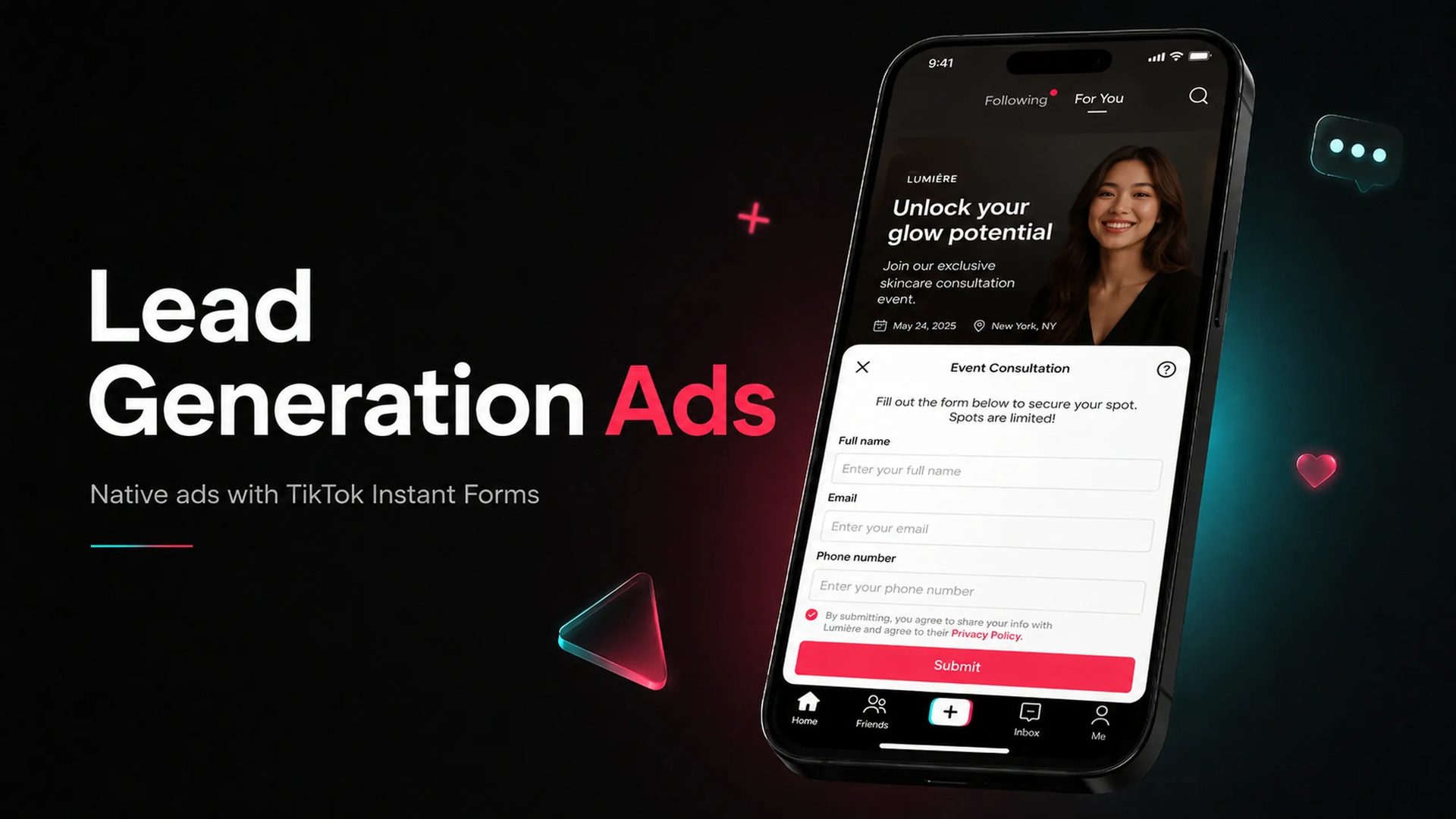 TikTok Lead Generation Ad displayed on a smartphone with an embedded instant form collecting contact details for a skincare consultation event, including name, email, phone number, and submit button.