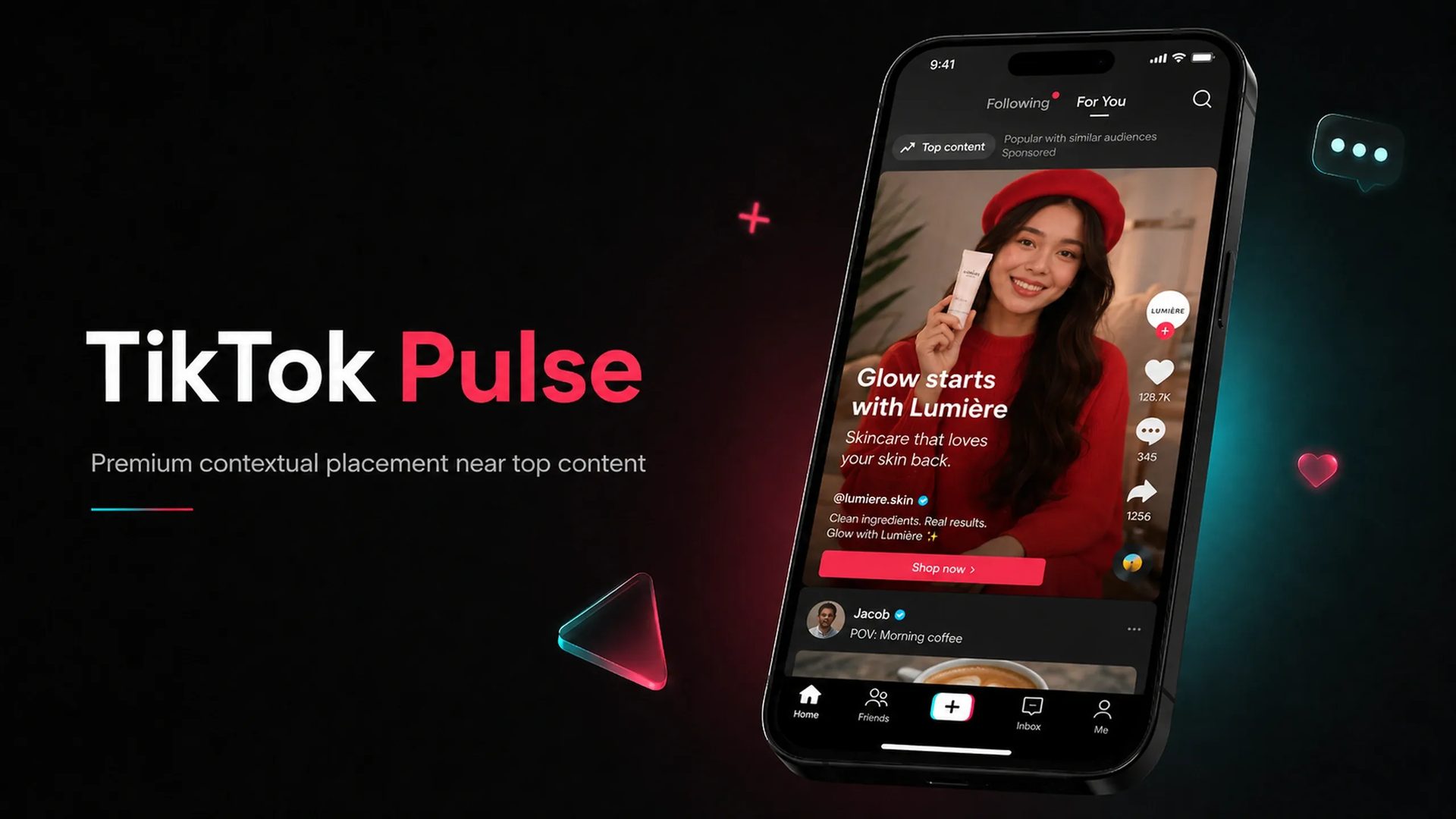 TikTok Pulse advertisement displayed alongside popular content in the For You feed, featuring a skincare brand ad positioned near high-performing creator content.