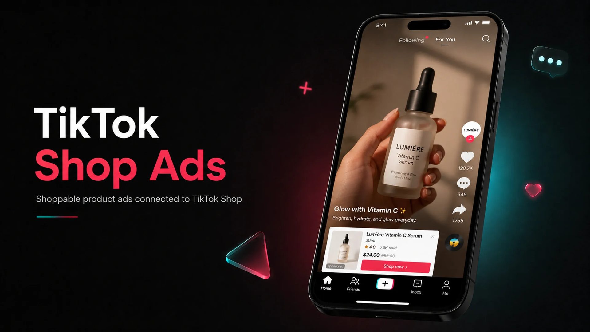 TikTok Shop Ad displayed on a mobile device featuring a skincare product demonstration video with integrated product card, pricing details, ratings, and direct purchase functionality.