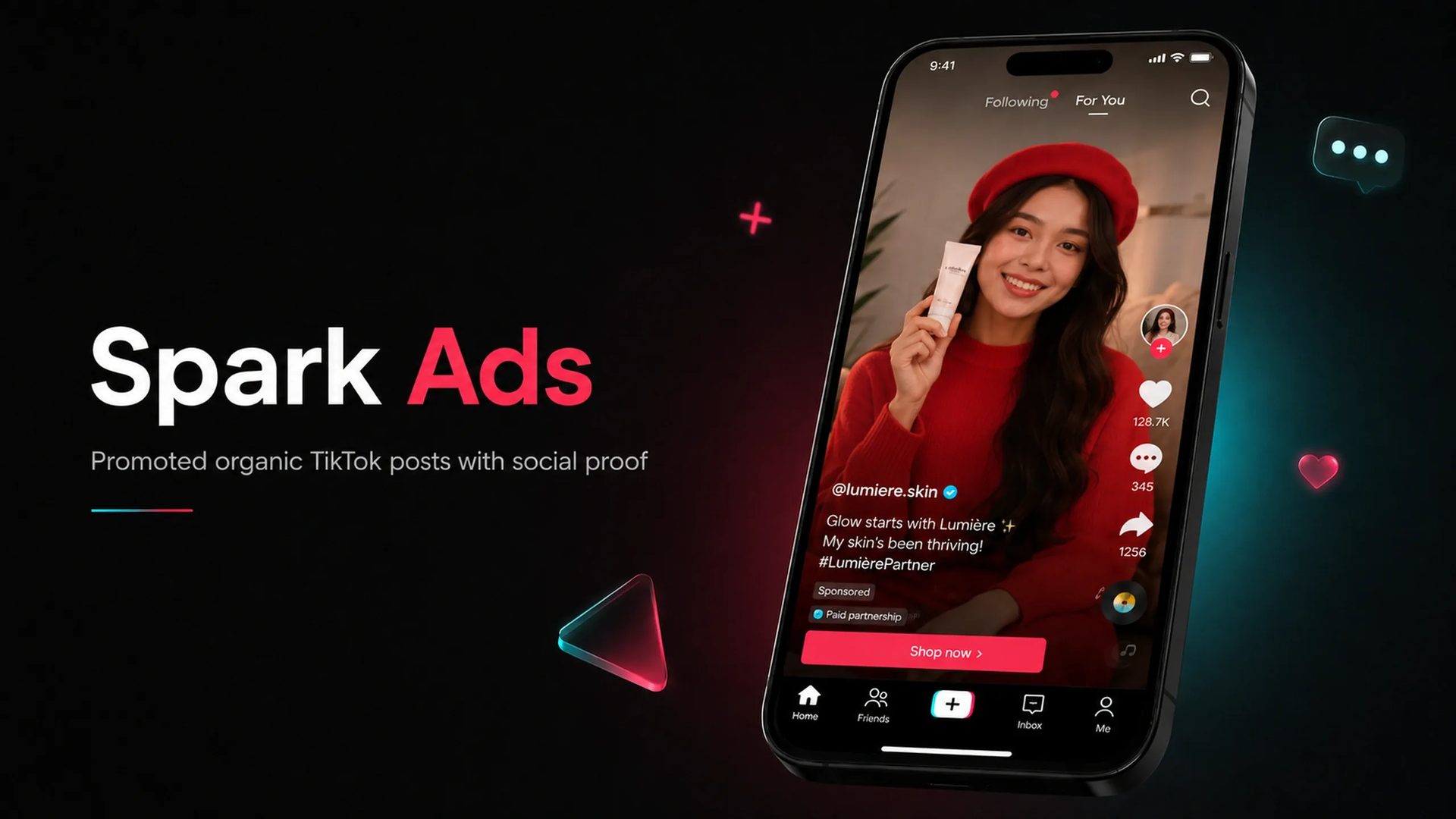 TikTok Spark Ad shown on a mobile device, promoting an existing creator post with visible profile information, engagement metrics, sponsored labels, and native TikTok interactions.
