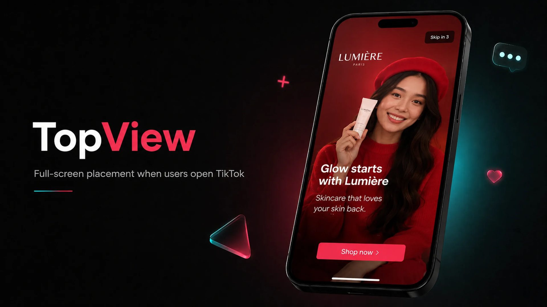 Full-screen TikTok TopView advertisement displayed on a smartphone immediately after app launch, featuring a skincare campaign with prominent branding, product visuals, and a call-to-action button.